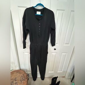 Distressed Black sweat button up Jumpsuit with elastic waist